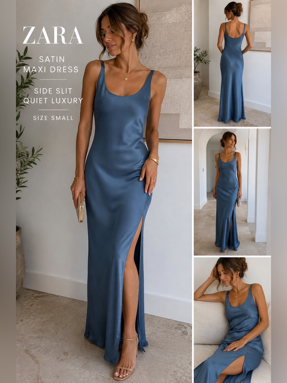 Zara Blue Satin Maxi Slip Dress Small Side‎ Slit Minimalist Quiet Luxury